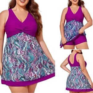 Summer Mae Plus Size 5XL Tropical Floral Print Swim Dress Built In Shorts
